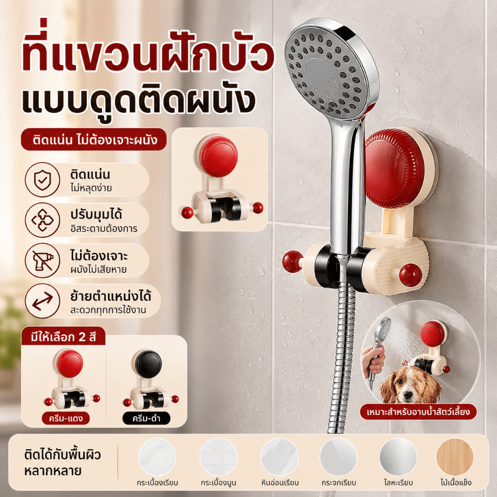 ขาตัวฝักบัวดูดสูตรรุ่นใหม่ ติดตั้งไม่เจาะผนัง ไม่ใช้กาว สำหรับห้องน้ำ ปรับมุมฝักบัวอาบน้ำได้ สินค้ามีสต็อกจัดส่งเร็ว