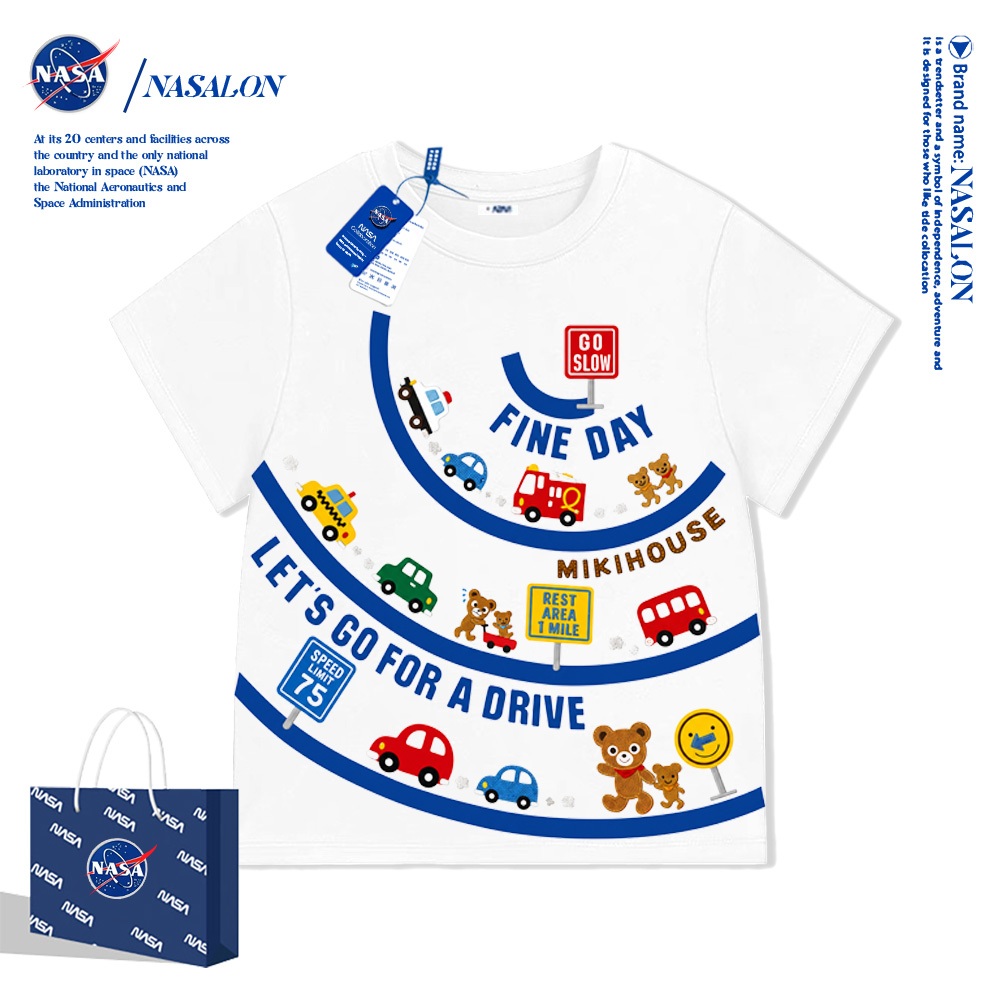 NASA เสื้อยืดเด็กแขนสั้น สีขาว ผ้าฝ้ายนุ่ม ลายการ์ตูนรถยนต์ เสื้อเด็กผู้ชาย ระบายอากาศ สไตล์เด็กผู้ชาย