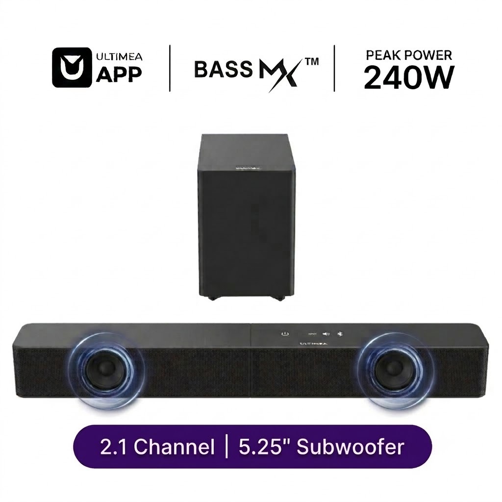 ULTIMEA Poseidon R3T 2.1ch บลูทูธ Soundbar สําหรับทีวี 5.25 ซับวูฟเฟอร์ไร้สาย Deep Bass ระบบเสียงรอบทิศทางสมาร์ท APP ควบคุม 240W