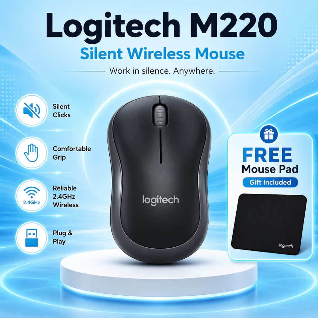 Logitech M220 Silent เมาส์ไร้สาย เสียงเงียบ คลิกนุ่ม ดีไซน์ประหยัดพื้นที่ แบตอึด 18 เดือน สำหรับ PC/Laptop/Mac - 2.4GHz USB 1000 DPI Charcoal