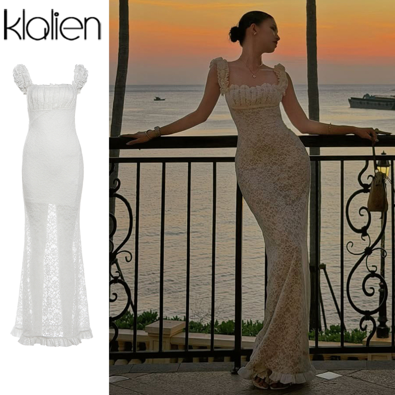 Klalien Elegant Sling Slimmer เดรสเปลือยลูกไม้สะโพกห่อผู้หญิงฤดูร้อนภาษาฝรั่งเศสคําโรแมนติกสไตล์