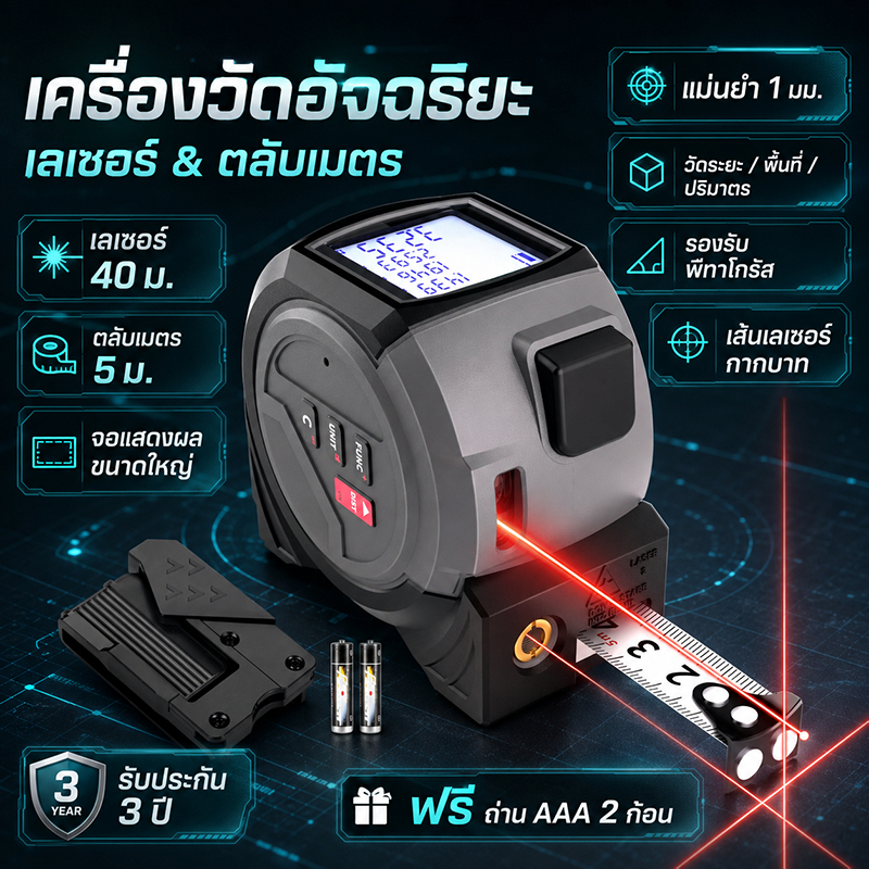 รับประกัน 3 ปี เลเซอร์วัดระยะ 6 in 1 แม่นยำถึง 1 มม.สายวัด 5 เมตร + เลเซอร์ 40 เมตร + กากบาท ตลับเมตร เทปวัดระยะทางเลเซอร์