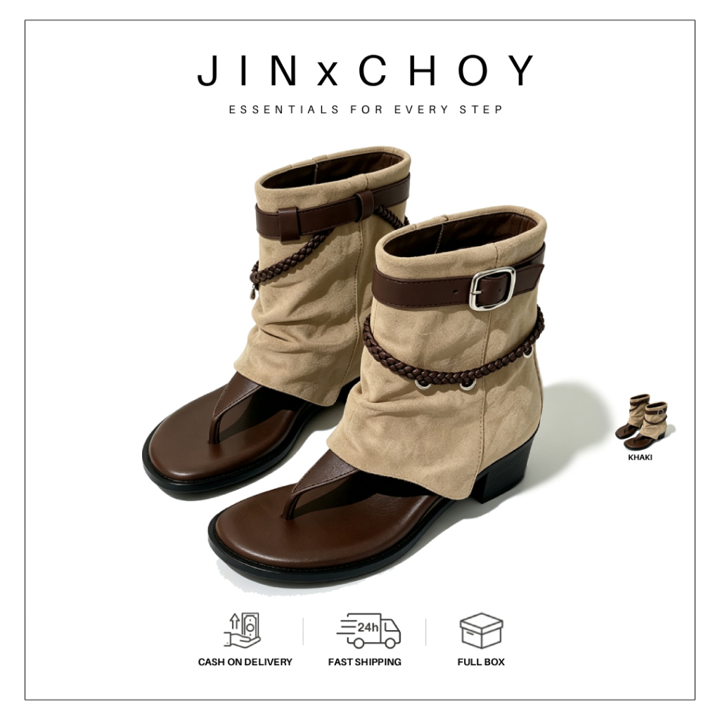 JINxCHOY แฟชั่นย้อนยุคพลิกนิ้วรองเท้าแตะฤดูร้อนสไตล์วิลตันหัวเข็มขัดโลหะรองเท้าแบนโรมันอินเทรนด์รองเท้าสั้นโรงงานขายส่ง