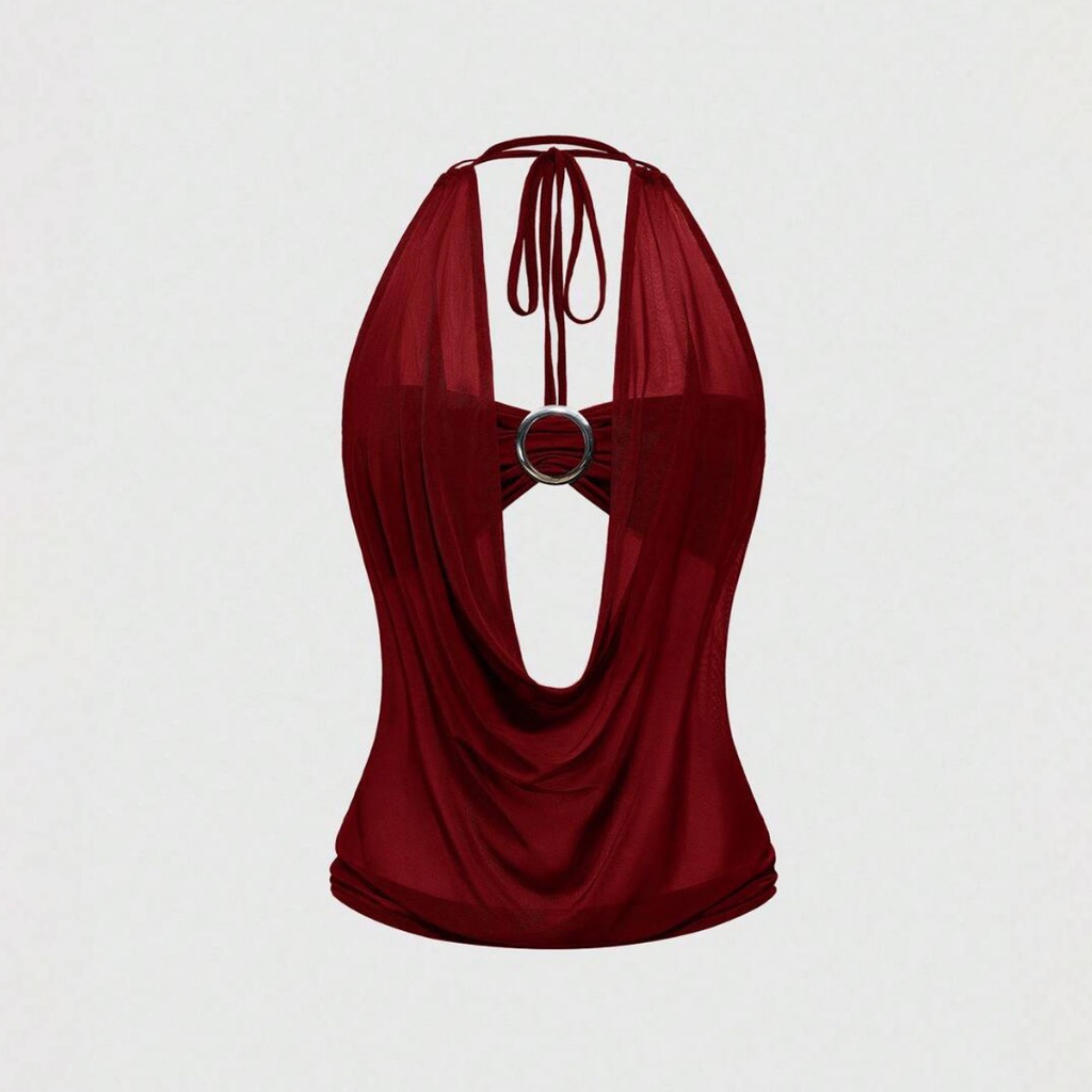 Y2K Burgundy Halter คอสวิงคอเสื้อกั๊กผู้หญิงขนาดใหญ่ Halter แหวนโลหะ Lace-Up แคบ-เอว Pure Desire สุทธิ