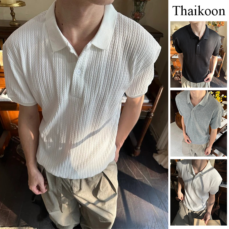 เสื้อเชิ้ตแขนสั้นผู้ชายสไตล์เงิน Henley คอปกผ้าระบายอากาศน้ําหนักเบาทรงเข้ารูป