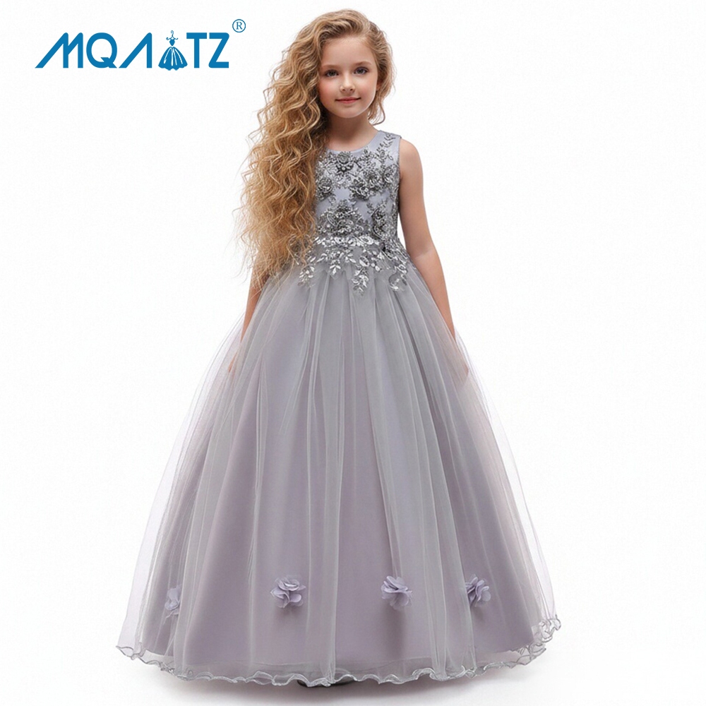 Mqatz อย่างเป็นทางการสาวชุดเจ้าหญิงงานแต่งงานแขนกุดดอกไม้ยาว A-Line แสดงชุดราตรีสาว 4-14 ปี LP-212
