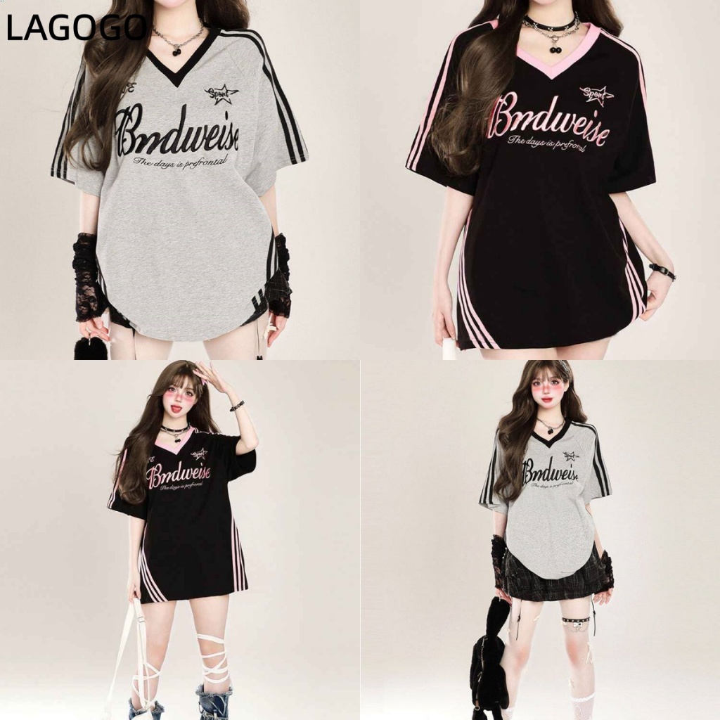 American Retro Trend Contrast Color Stitching v คอหลวมแขนสั้นเสื้อยืดผู้หญิงฤดูร้อนสบายๆครึ่ง @-