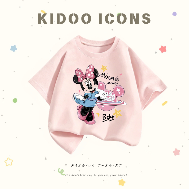KIDOO ICONS เสื้อยืดเด็ก มิกกี้ มินนี่ลายการ์ตูน ผ้าฝ้าย 100% นุ่มสบาย ทรงหลวม ระบายอากาศดี แฟชั่นสําหรับเด็ก#A01+344