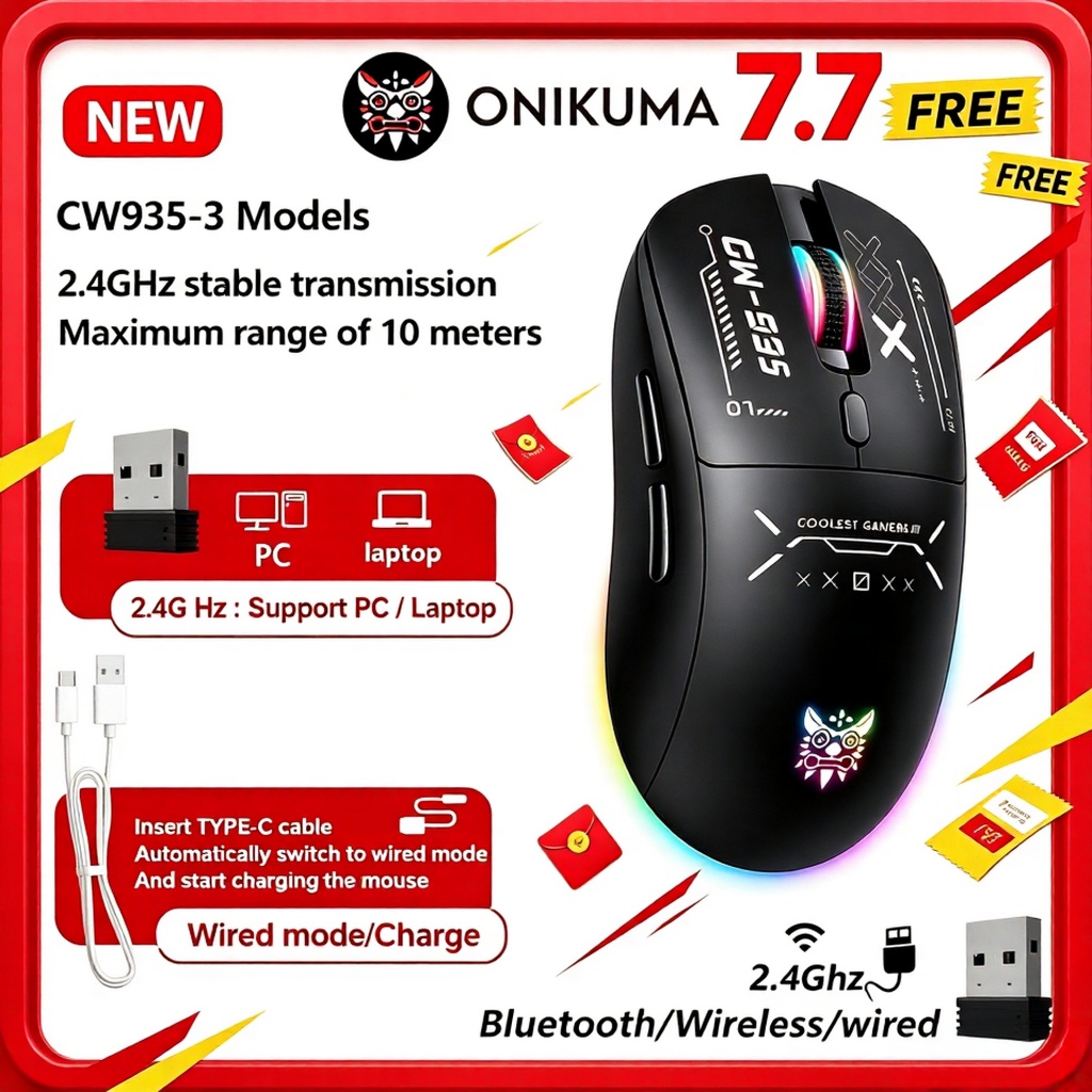 ONIKUMA CW935 เมาส์เกมสอบจําลองที่สาม ไฟ RGB สําหรับแบบมีสาย/ไร้สาย/2.4G