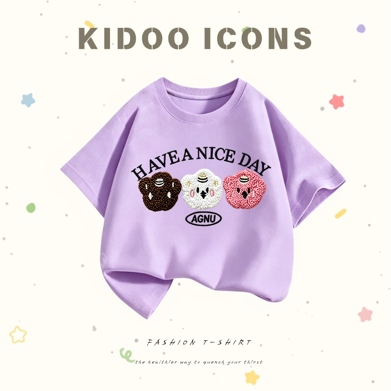 KIDOO ICONS เสื้อเด็กผู้หญิงฤดูร้อน สไตล์ลำลอง ทรงหลวม ลายพิมพ์การ์ตูนน่ารัก ผ้าฝ้ายแท้ 100% #A01+6154