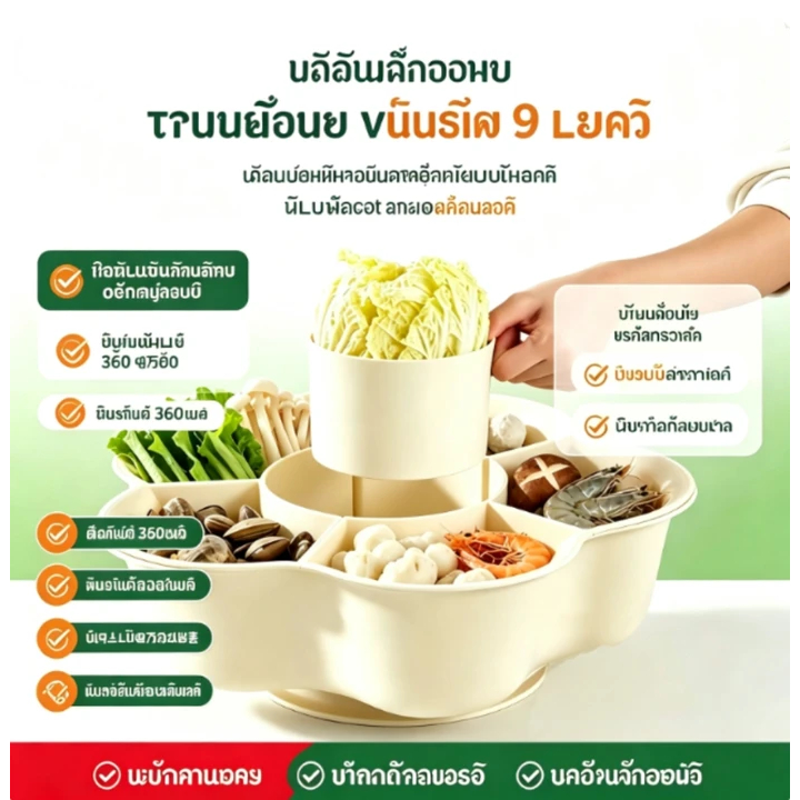 ถาดจัดวัตถุดิบหม้อไฟ แบบแยกช่อง หมุน360°ได้ ไม่ค้างน้ำ ทำความสะอาดง่าย อุปกรณ์ครัวเรือนคุณภาพสูง 1 ชิ้น