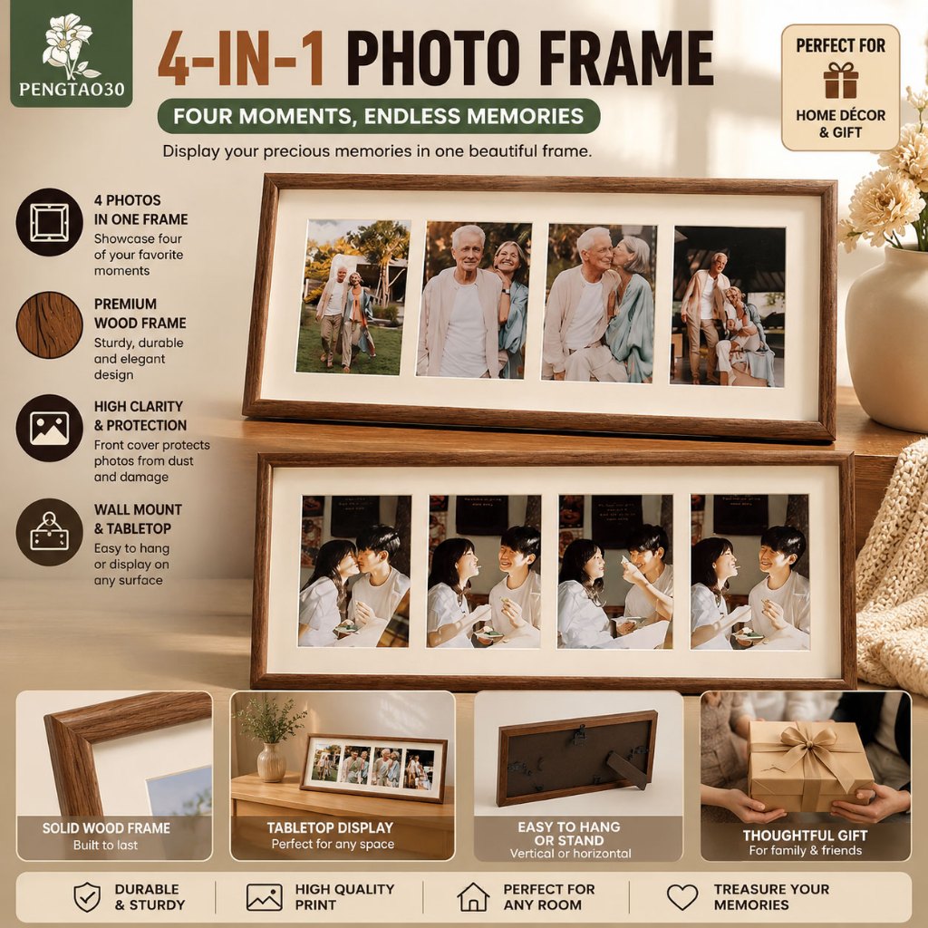 [Eao] กรอบรูปไม้ 8x20 - กรอบรูป 8x20 พร้อมจอแสดงผลเสื่อ 4 ชิ้น 4x6 รูปภาพ, กรอบรูป 4x6 ไม้ [TH]