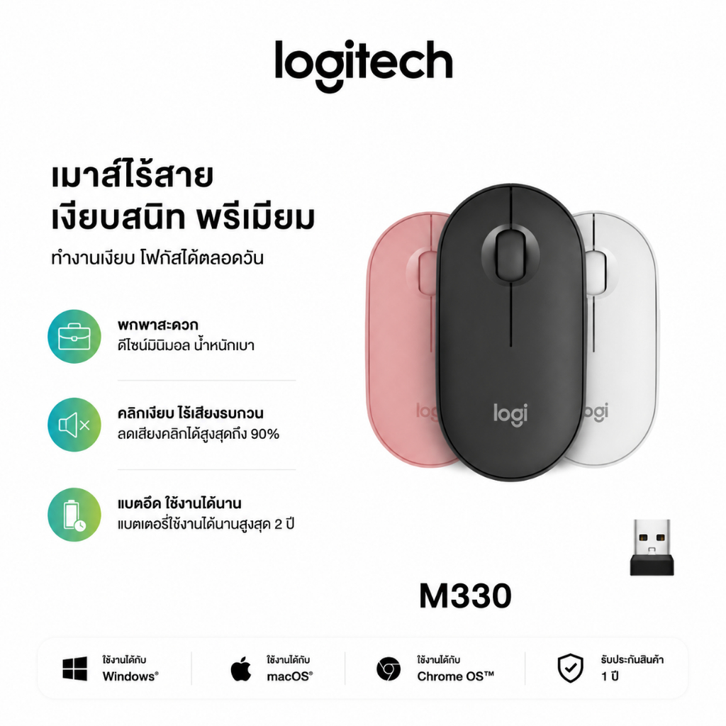 Logitech Pebble M350s Wireless Mouse Bluetooth เพรียวบาง กะทัดรัด สลับได้ 3 อุปกรณ์ ( เมาส์ไร้สาย บลูทูธ เสียงเงียบ)