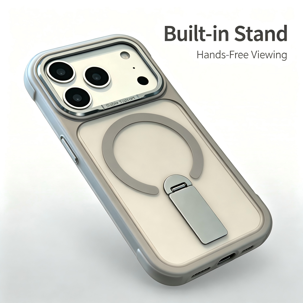 เคสไอโฟนซิลิโคนเหลวนุ่ม ผิวฝ้ากึ่งโปร่ง รองรับชาร์จแม่เหล็ก MagSafe ขาตั้งโลหะซ่อนในตัว กรอบเลนส์ชุบโลหะสีคอนทราสต์ กันกระแทก สไตล์มินิมอล มีหลายเฉดสีพาสเทล สำหรับ เคสไอโฟน17 16 15 14 13 Pro Max
