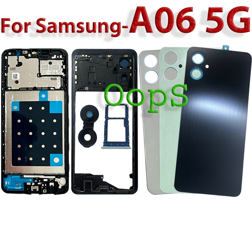 เต็มรูปแบบสําหรับ Samsung Galaxy A06 5G A066 SM-A066B A06S LCD กรอบด้านหน้า Bezel ฝาหลังแบตเตอรี่ + กรอบกลาง + กรอบกล้อง + อะไหล่ถาดซิม