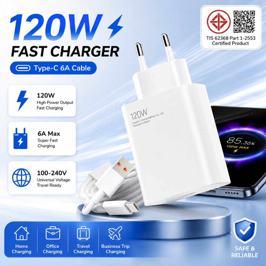 ชาร์จเร็ว 120W 6A พร้อมสาย USB Type‑C 1ม รองรับ Xiaomi Poco Redmi Black Shark ใช้ได้หลายรุ่น พกพาสะดวก 100‑240V pixelcore.th