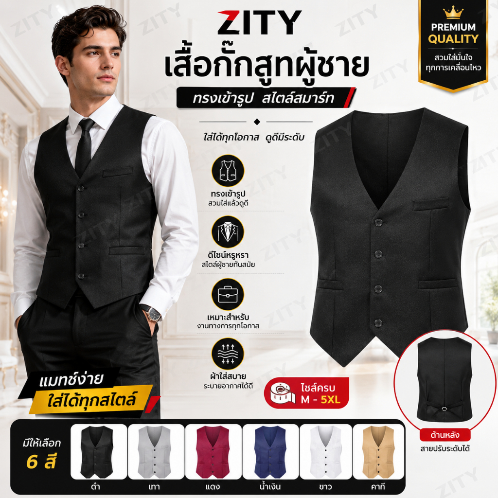 ZITY เสื้อกั๊กสูทผู้ชาย ระบายอากาศได้ดี ไม่ยับง่าย เหมาะสำหรับใส่ทำงานและงานทางการ