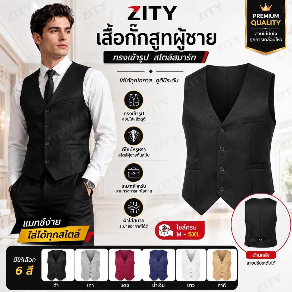 ZITY เสื้อกั๊กสูทผู้ชาย ระบายอากาศได้ดี ไม่ยับง่าย เหมาะสำหรับใส่ทำงานและงานทางการ