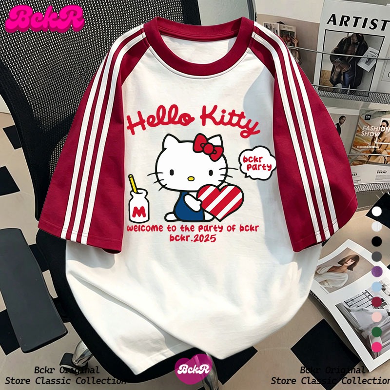 【จัดส่งตลอด 24 ชั่วโมง】 BCKR ลูกแมว ลำลอง ลายสามแถบคอกลมเสื้อ oversizeชุดหน้าร้อนผู้หญิงtshirtYG585