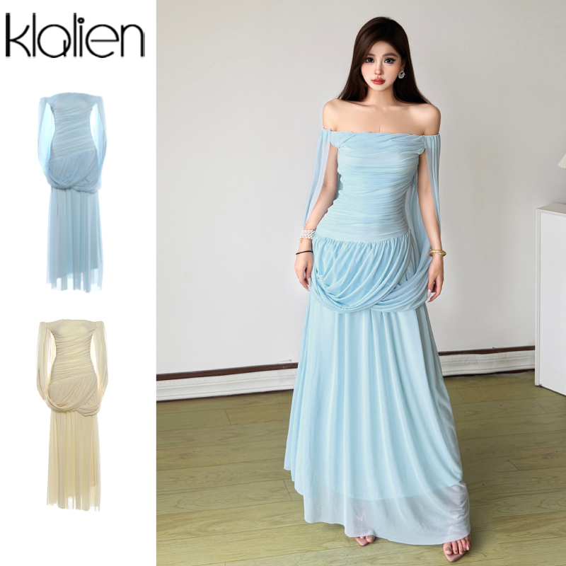 Klalien Gentle Slash-คอ Slim Maxi ชุดเดรสรูปเอวดู Slimmer ผู้หญิงฤดูร้อนภาษาฝรั่งเศสคํา Elegant สไตล์
