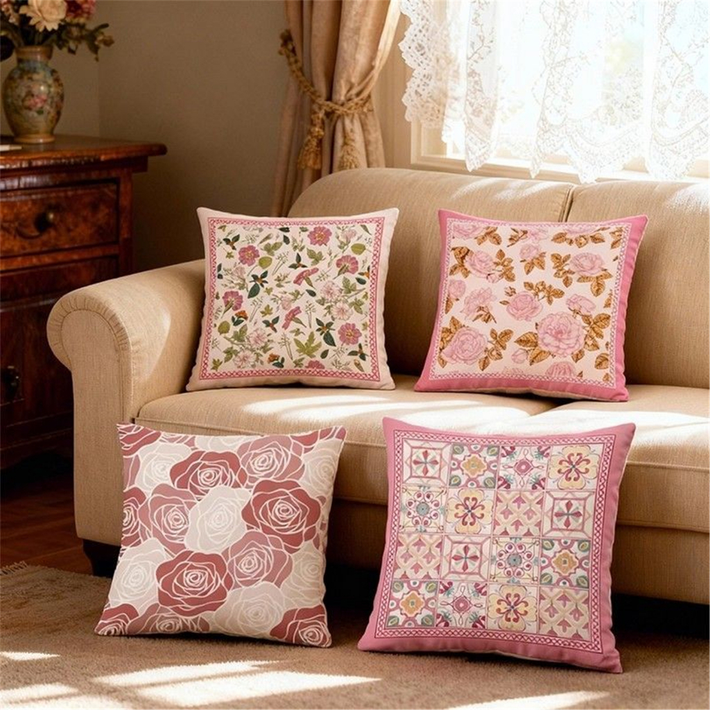 70×70.60×60.50×50.45×45.ดอกไม้สีชมพูปลอกหมอน.ปลอกหมอนโซฟาตกแต่งห้องนั่งเล่น