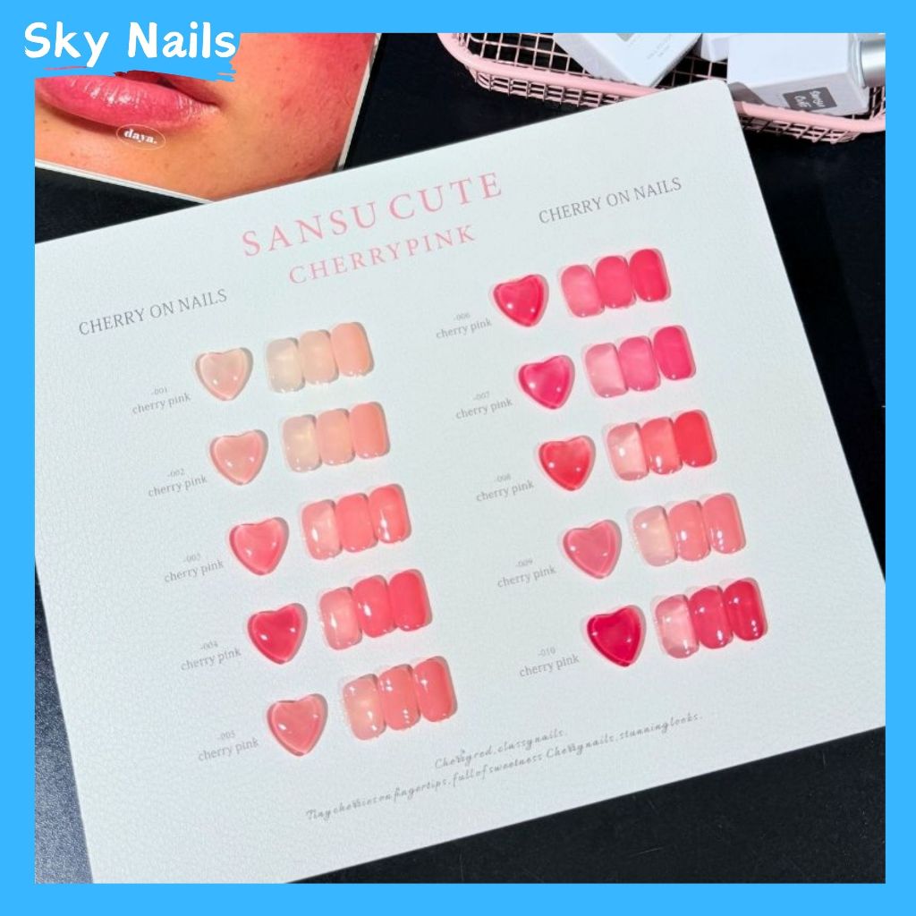 SANSU CUTE ชุดยาทาเล็บเจล 10 สี สีเจลไซรัป โทนชมพู Ice Peach (บัตรสีสำเร็จรูปฟรี) พร้อมส่ง