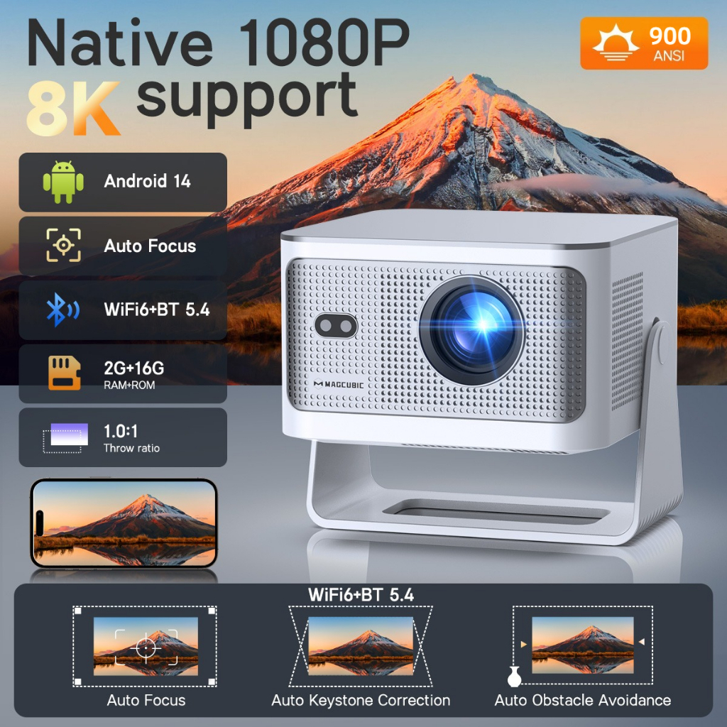 Magcubic【1-year-warranty】 HY350Max โปรเจคเตอร์ 8K Decode 900ANSI พื้นเมือง 1080P Android 14 โฟกัสอัตโนมัติ WiFi6 BT5.4 15W HiFi ลําโพง