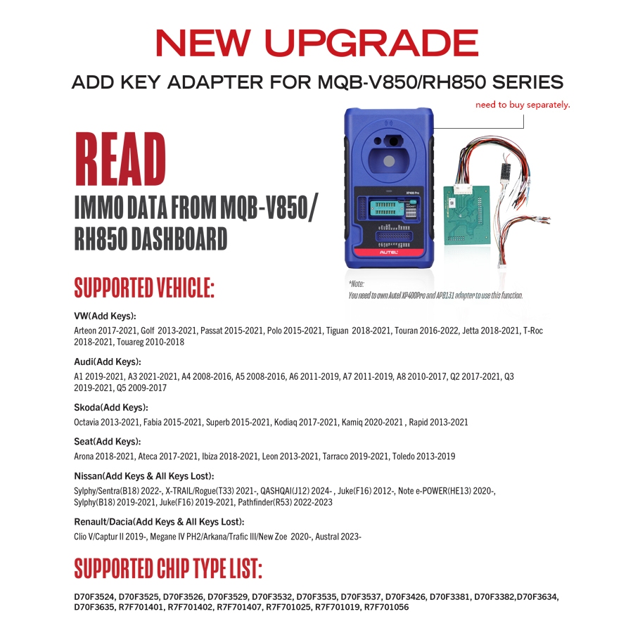 อะแดปเตอร์ Autel APB131 ใช้กับ Autel XP400 PRO อ่านข้อมูล IMMO จาก MQB-V850/RH850 Dashboard สําหรับ 