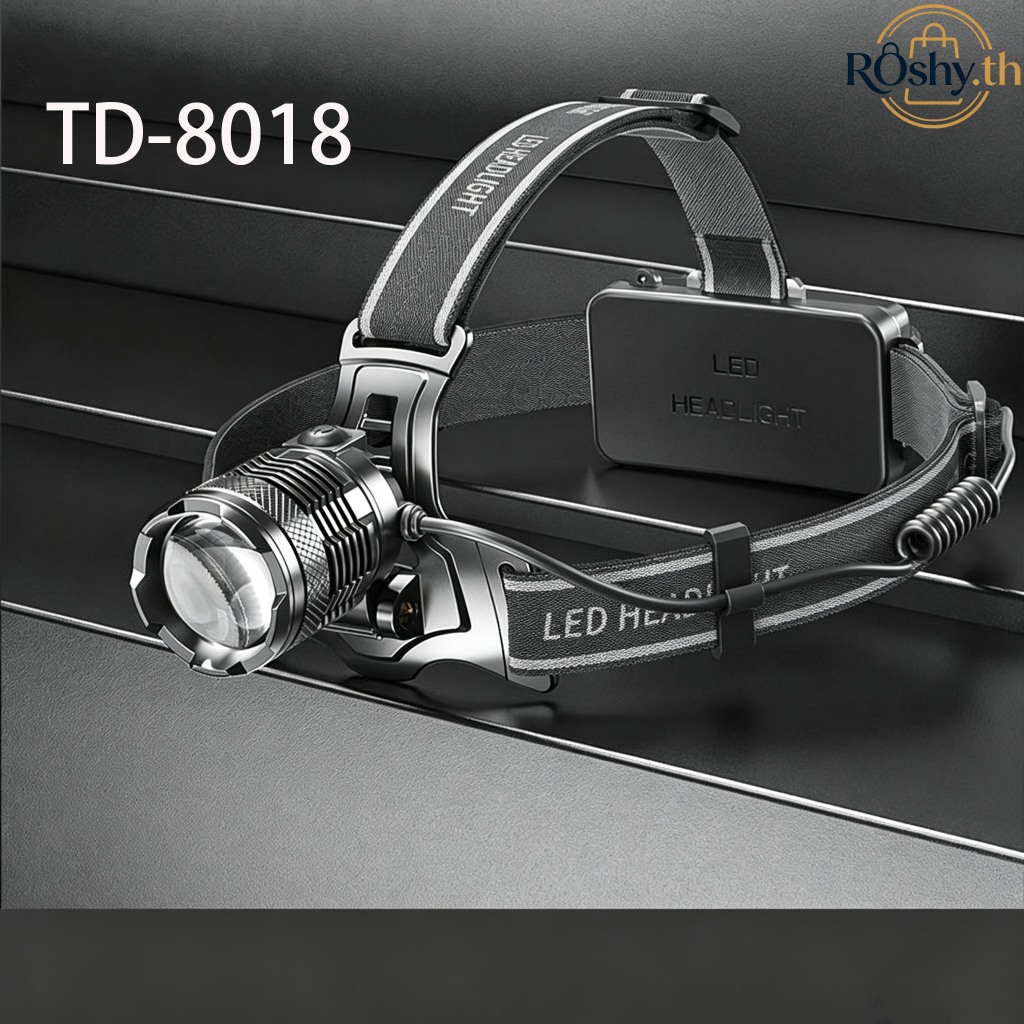 TD8018 ไฟฉายคาดหัว ไฟหน้า LED ไฟคาดหัวP100  สว่างมาก Type-C ชาร์จใหม่ได้ Zoomable กันน้ำ นอกบ้าน ตั้