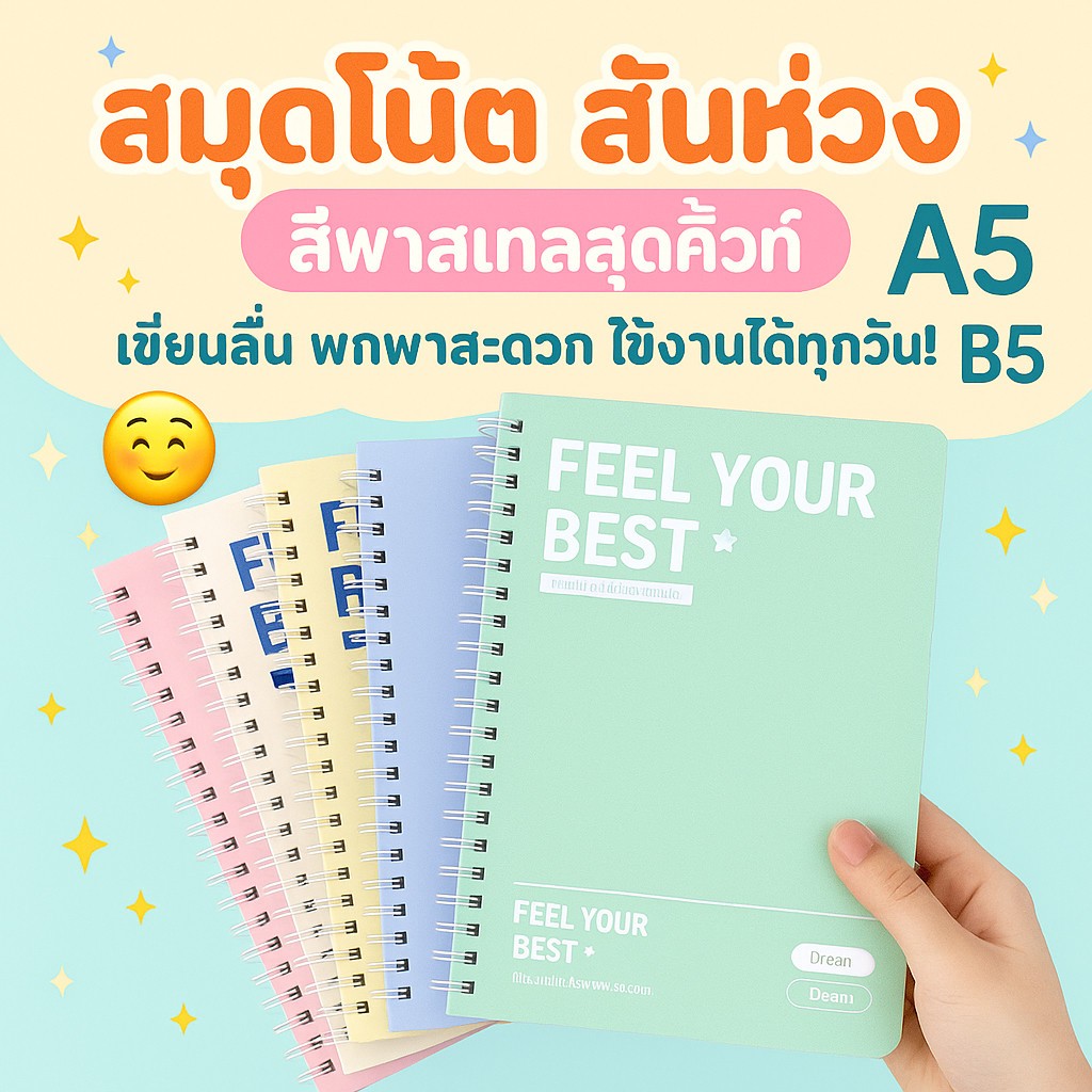 สมุดโน๊ตแหวน ปกพาสเทล สมุดวงแหวนเกลียว สมุดจด ไดอารี่ โน๊ตน่ารัก| A5/B5 สีหวาน