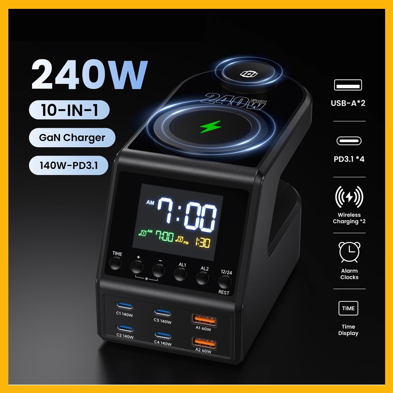 240W Charger Station 4140W PD3.1 PPS USB Type C Wireless Fast Charger สําหรับนาฬิกาปลุกเวลาจอแสดงผล
