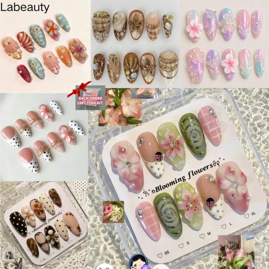 HANDMADE เล็บปลอมตาแมวเทียม XS/S/M ขนาด French สวมใส่เล็บเคล็ดลับ 4in1 เครื่องมือฟรี