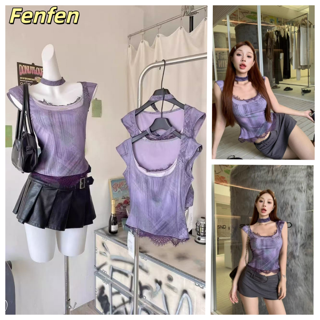 สีม่วงสั้นฤดูร้อนลูกไม้เย็บผ้าโปร่งรอยเปื้อนสลิมฟิตแขนบินขนาดเล็กยกทรงเสื้อกั๊กผู้หญิง