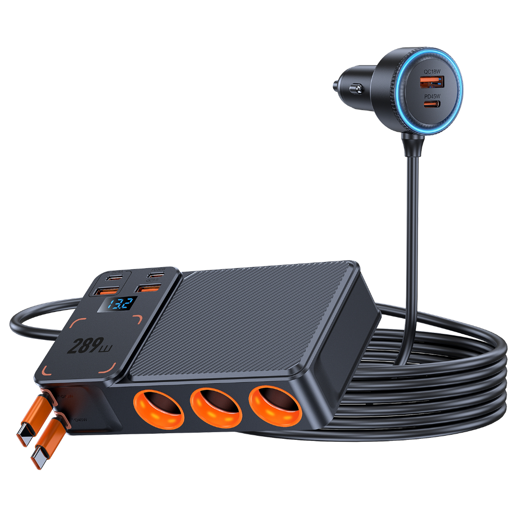 289W Fast Car Charger พอร์ตชาร์จเร็ว Dual Type-C PD สาย 45W ใช้ได้กับโทรศัพท์ Android ทุกรุ่นและ iPh