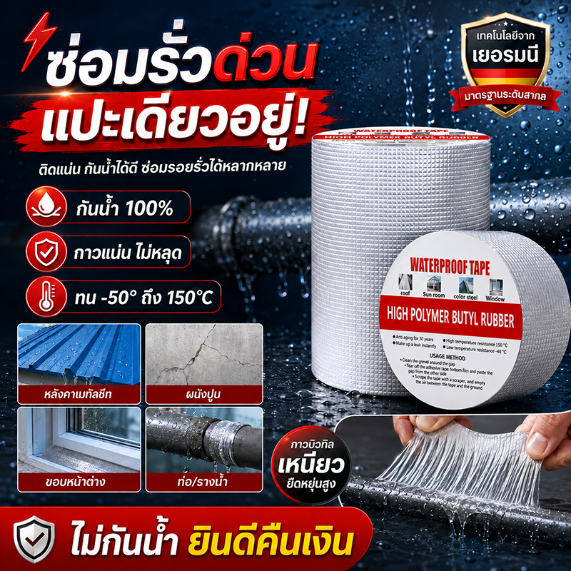 เทปกาวกันรั่ว ซ่อมแซมปัญหาน้ำรั่วซึมน้ำซึมต่างๆ มีหลายขนาดให้เลือก 5/10/15/20/30 ซม. เทปกันน้ำรั่ว เทปบิวทิล