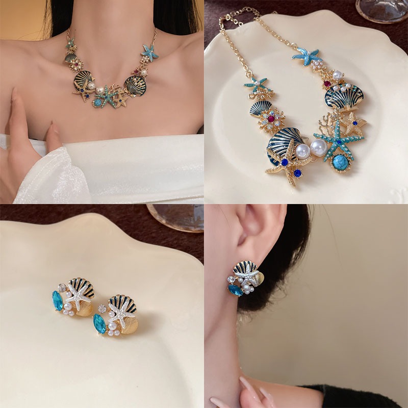 ยุโรปและอเมริกาโลหะผสม พลอยเทียม มหาสมุทรปลาดาวเปลือกสร้อยคอต่างหูชุดย้อนยุคส่วนบุคคลริมทะเลวันหยุดอุปกรณ์เสริมชุด