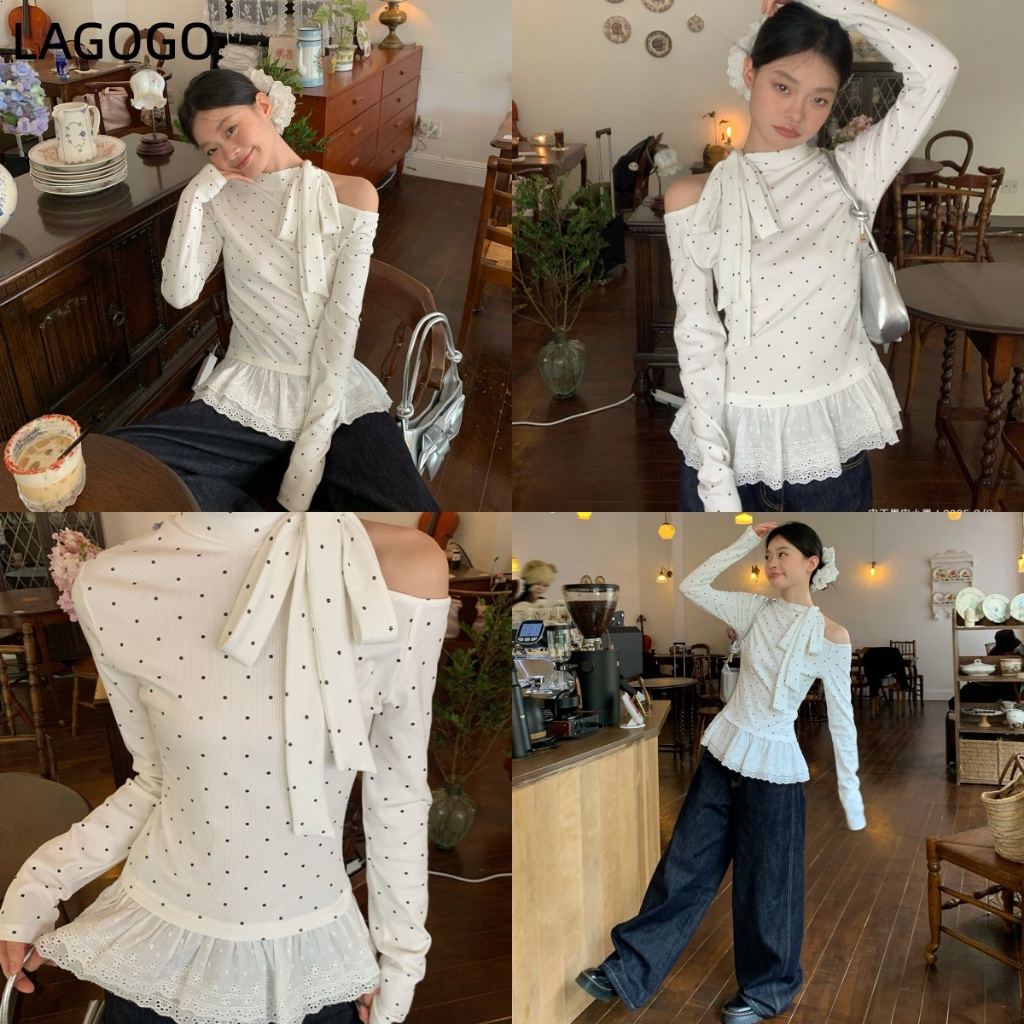 สีขาว Polka Dot Bow Laced-Up เสื้อยืดผู้หญิง Lace Slim-Fit แขนยาว