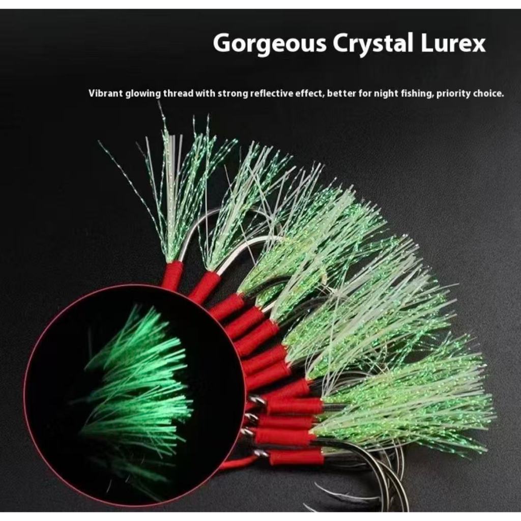 Double Assist Fishing Jig Hooks, Sharp Barbed ตกปลาน้ําจืดน้ําเค็มตะขอคู่พร้อมเหยื่อ Tinsel Flash