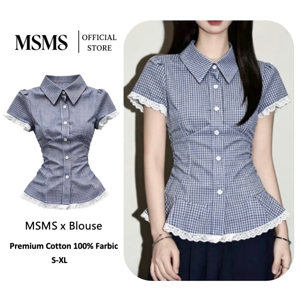 Lace Blouse เสื้อเชิ้ตลายตารางสีน้ำเงินขาวผู้หญิง คอปกสี่เหลี่ยม ขอบลูกไม้ แขนพองเอวย่นรัดทรงสัดส่วนดี สไตล์หวานเกาหลี Size S-XL