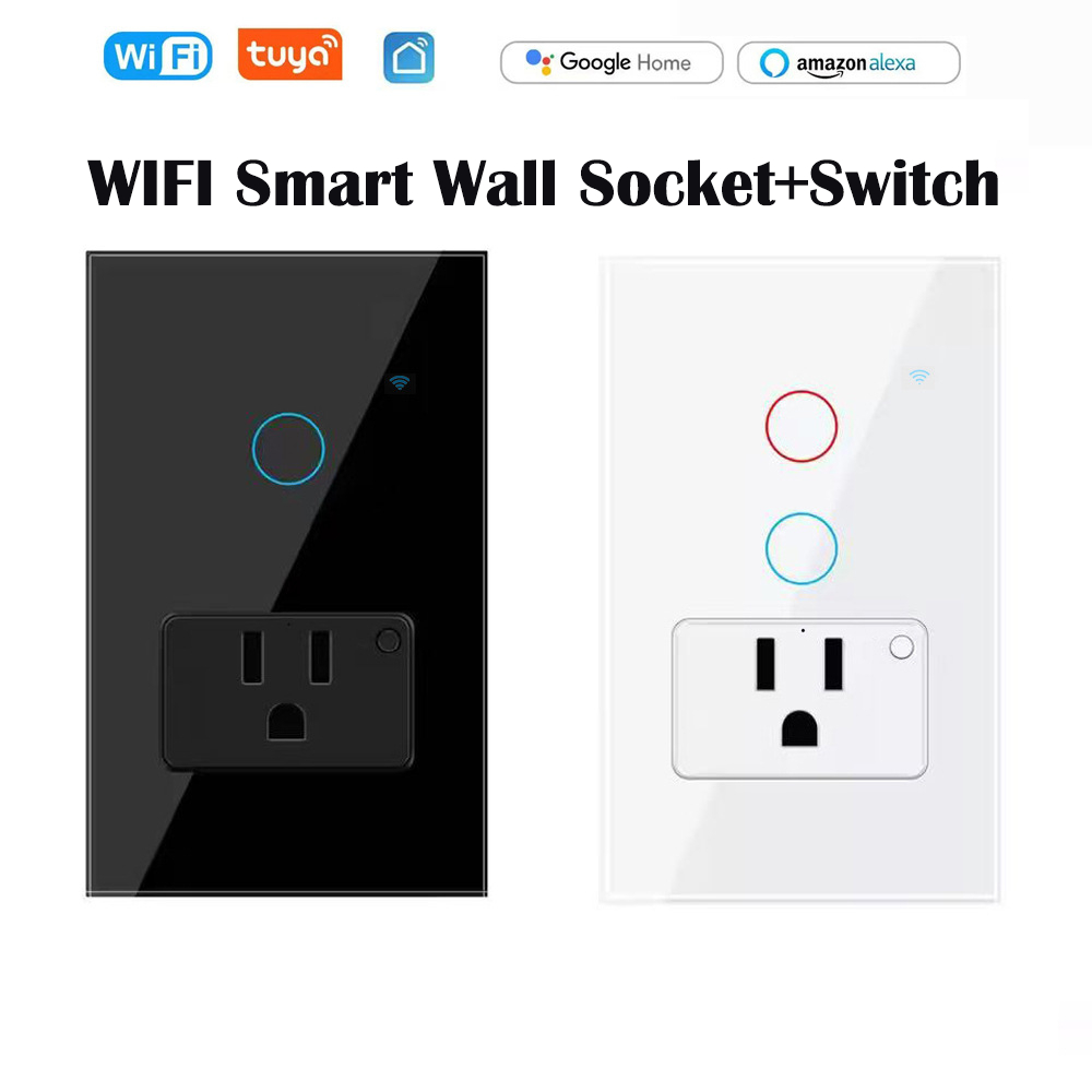 Tuya WiFi Smart Wall Switch + Socket Outlet 2-in-1 พร้อมการตรวจสอบพลังงาน, การควบคุมด้วยเสียง (Alexa & Google Home), 100-240V 16A, Timer & Remote Control