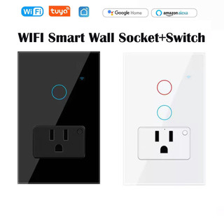 Tuya WiFi Smart Wall Switch + Socket Outlet 2-in-1 พร้อมการตรวจสอบพลังงาน, การควบคุมด้วยเสียง (Alexa & Google Home), 100-240V 16A, Timer & Remote Control