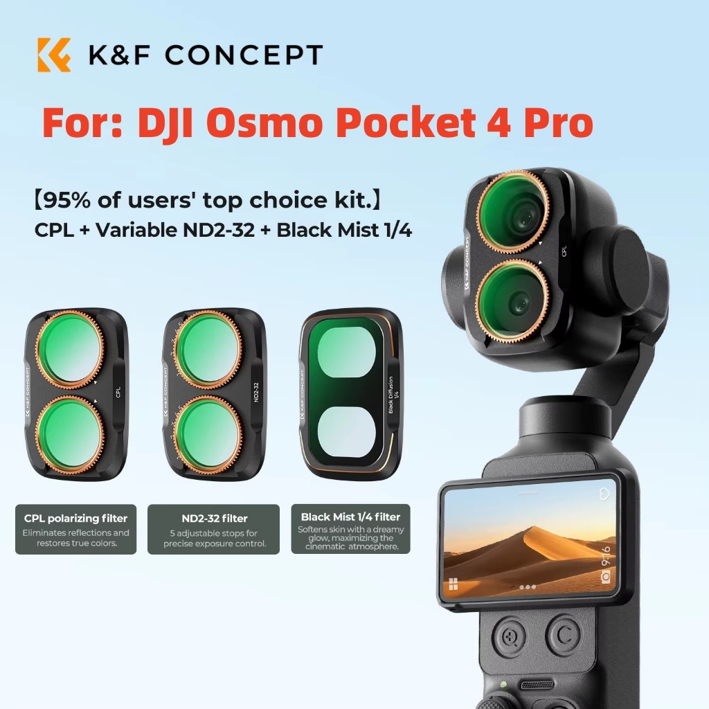 K&F Concept Lens Filter UV CPL ND Black Diffusion 1/4 Lens Filter for DJI Osmo Pocket 4 Pro ,HD Double Sided Coated Anti ฟิล์มสะท้อนแสง; กันน้ําและป้องกันรอยขีดข่วน