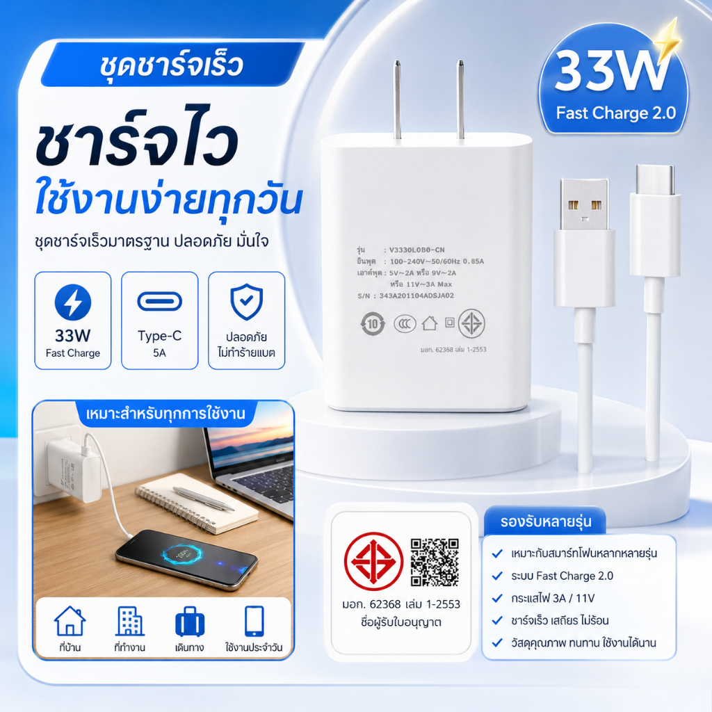 ชาร์จเร็ว 33W Type-C FastCharge 2.0 ชุดอะแดปเตอร์+สาย 5A รองรับหลายรุ่น V19 V20 V20Pro V20Se V21 V23