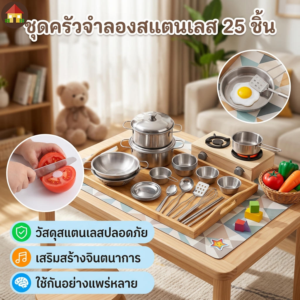 ชุดเครื่องครัวสแตนเลส 25 ชิ้น หม้อกระทะ ของเล่นแกล้งทําครัว ของเล่นทำครัว Pretend Play Kitchen Set