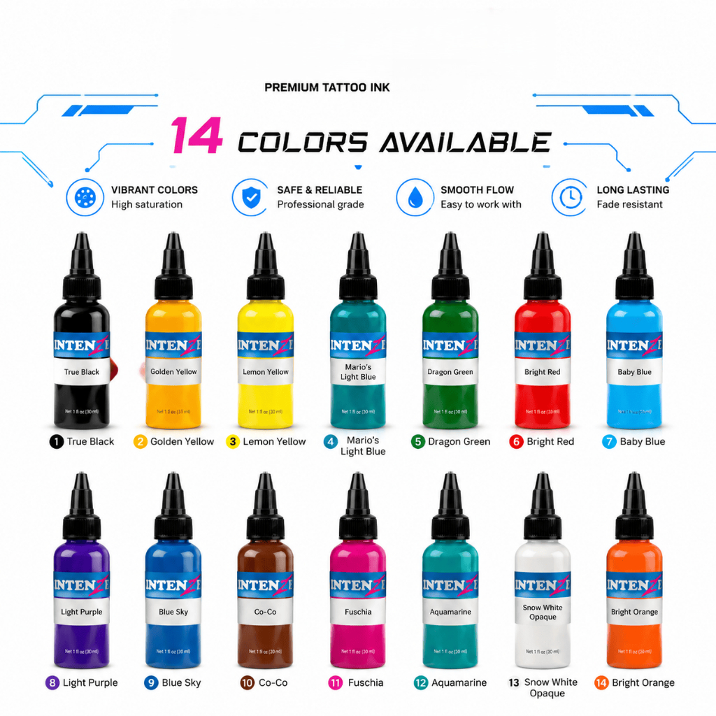 ชุดหมึกสัก INTENZE 14 สี ขนาด 1oz (30ml) – เม็ดสีสักถาวรคุณภาพมืออาชีพ ติดทนนาน กันน้ำ ไม่เลอะ สำหรับคิ้ว ขอบตา ริมฝีปาก บอดี้อาร์ต