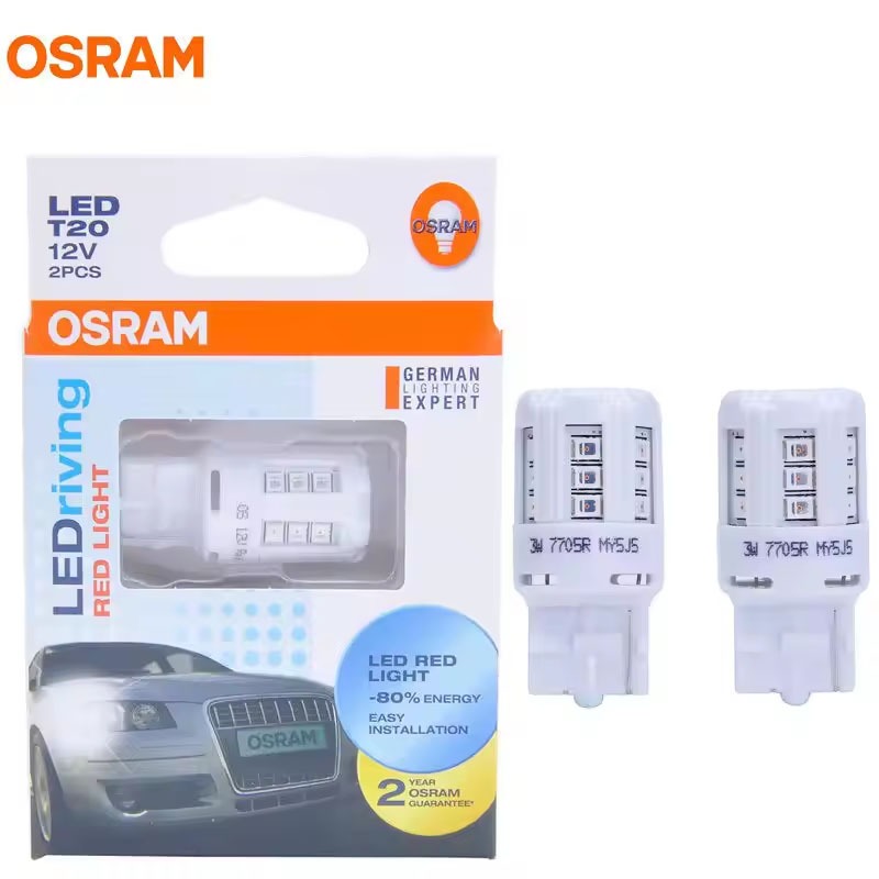 OSRAM LEDriving มาตรฐาน LED T20 W21W 7440 12V 3W สีแดงรถ LED หยุดเบรคโคมไฟสัญญาณไฟ 80% ประหยัดพลังงา