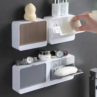 Care.Beauty กล่องสบู่พลาสติก ที่ใส่สบู่แบบติดผนัง แบบแขวนผนัง ไม่ต้องเจาะรู ไม่ทำให้ผนังเสียหาย เหมาะสำหรับห้องน้ำและอ่างล้างหน้า