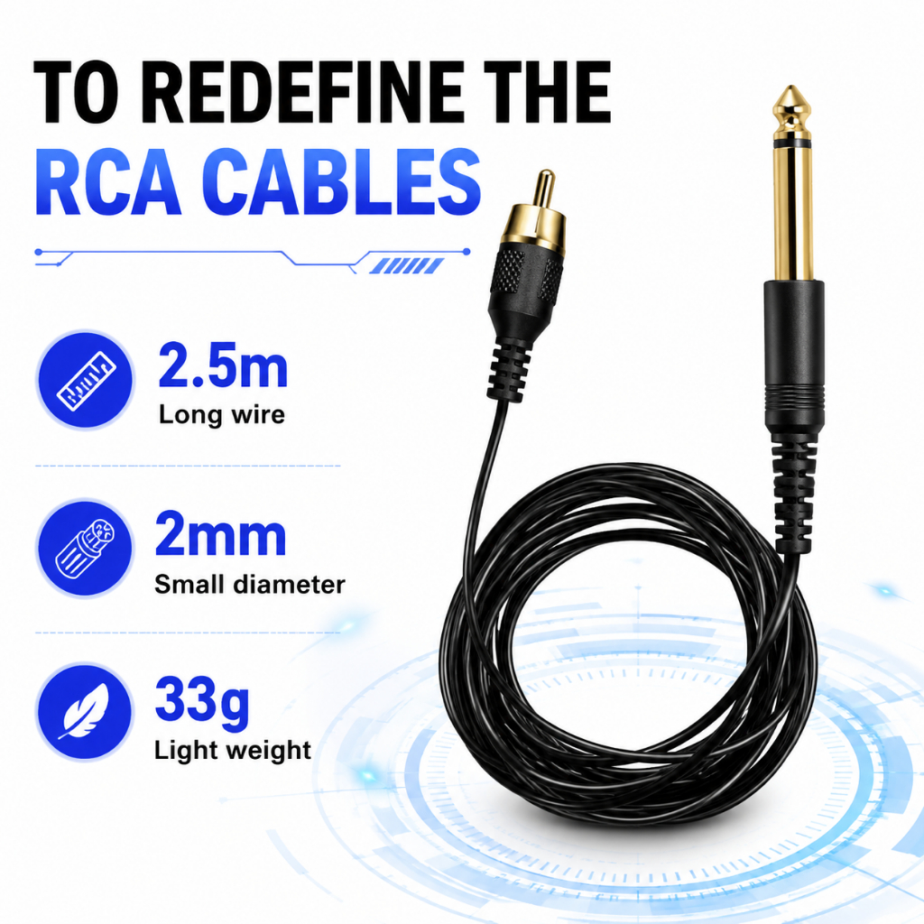 สายไฟสำหรับเครื่องสักแบบ RCA ยาว 2.5 ม. พร้อมปลั๊กดอกบัว | สายมอเตอร์ซิลิโคนนุ่มสำหรับเครื่องสักแบบปากกาโรตารี่ อุปกรณ์สักมืออาชีพ