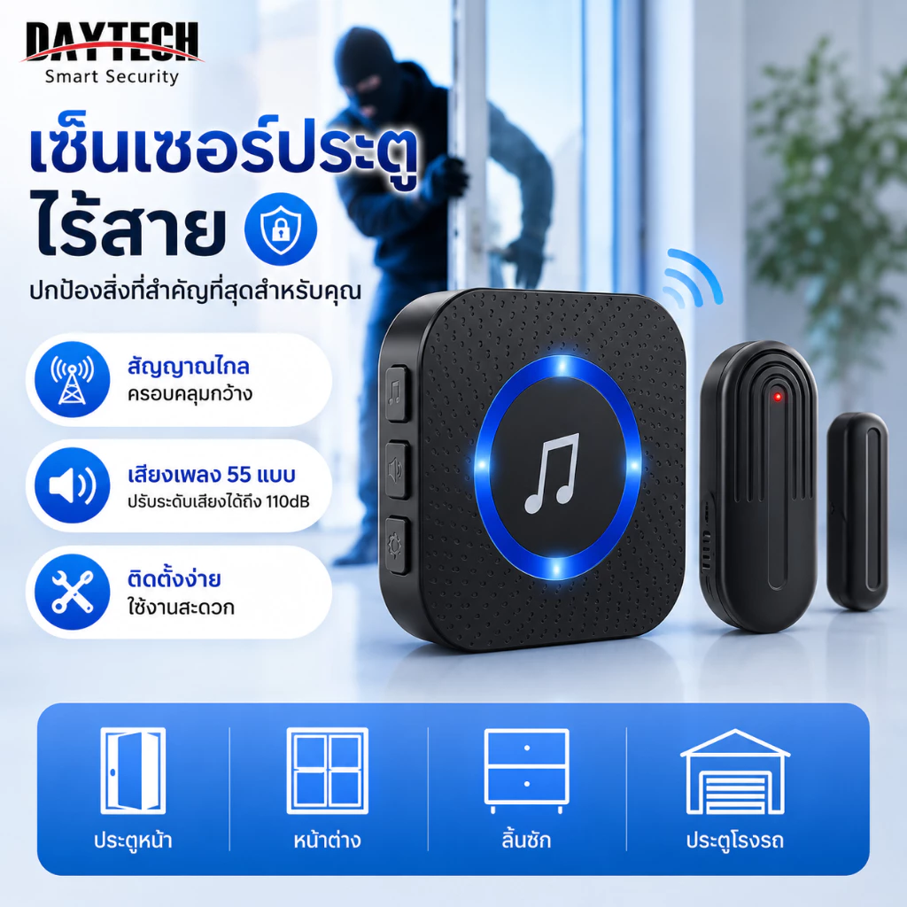 DAYTECH กระดิ่งประตู SanJie เซ็นเซอร์ประตูไร้สาย CHIME ประตู Entry Alarm CHIME สําหรับธุรกิจ/บ้าน/เด็ก 500 FT Range 26 Chimes 5 ปรับระดับเสียง Ringer Alert CC19