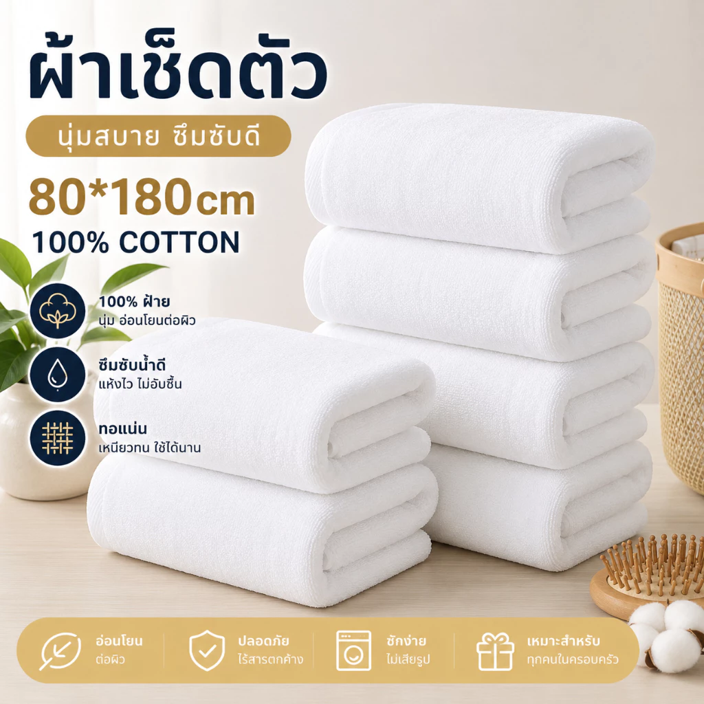 ผ้าเช็ดตัว Cotton 100% 80x180cm เกรดโรงแรม ผืนใหญ่พิเศษ เนื้อหนานุ่ม ซับน้ำไว แห้งเร็ว ไม่เป็นขุย